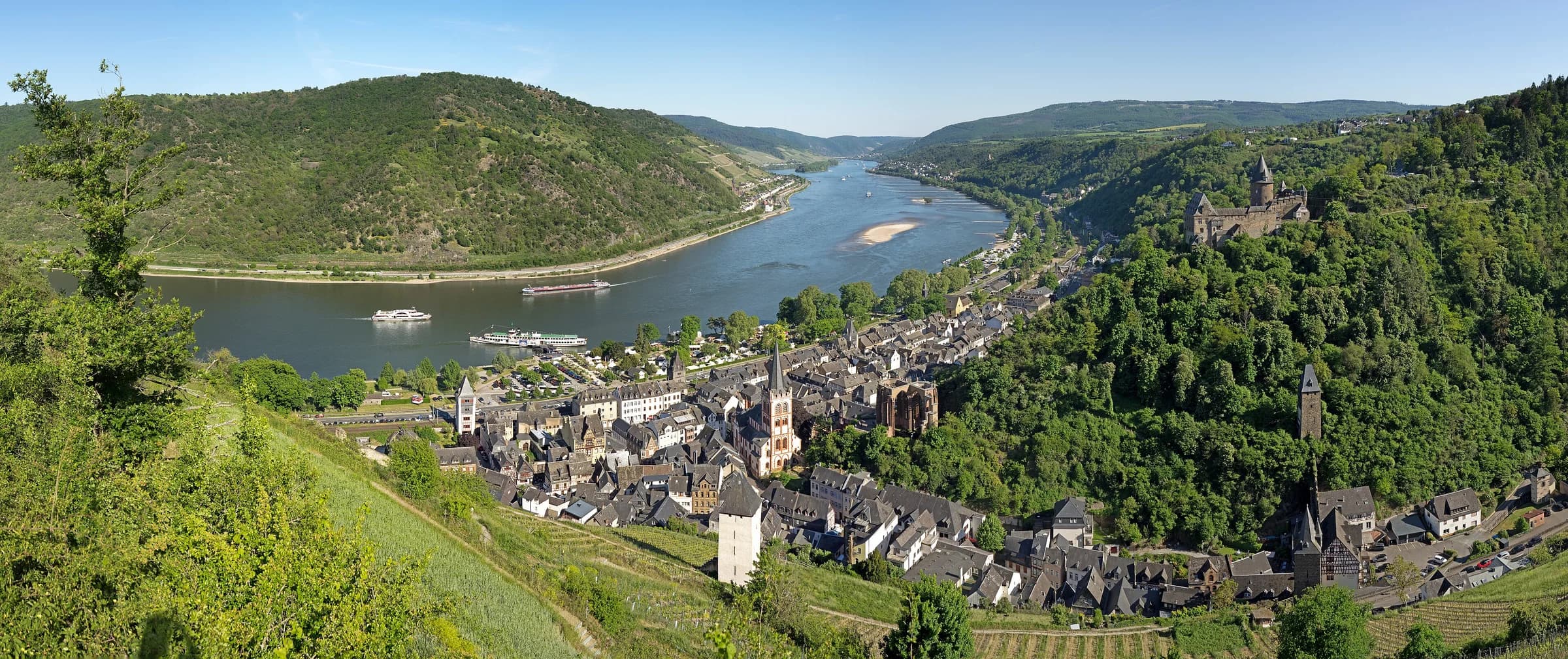 The Rhine flowing past Bacharach, with wooded hills and vineyards